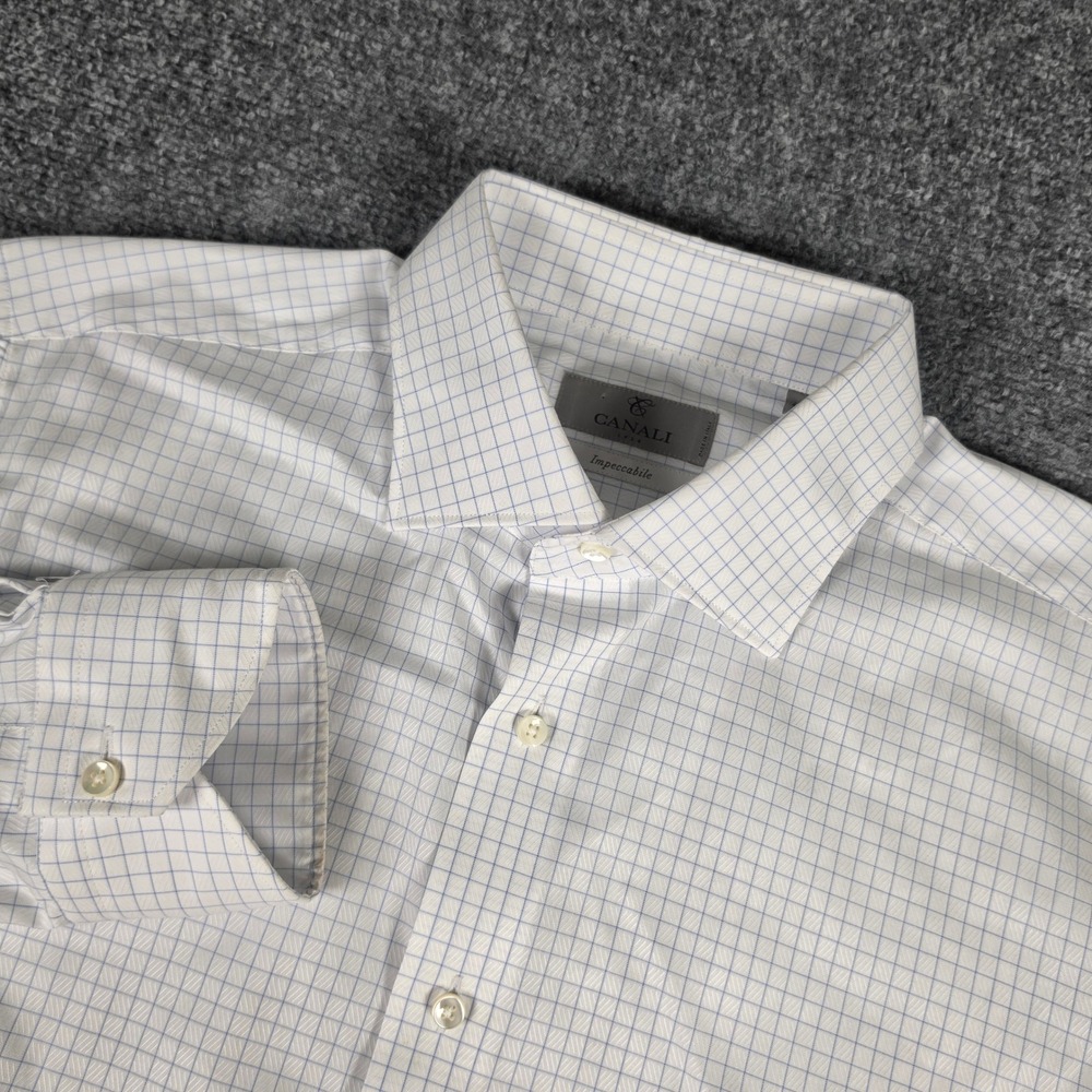 Canali Dress Shirt Mens 16.5 42 White Blue Impeccabile Grid Check Made in Italy